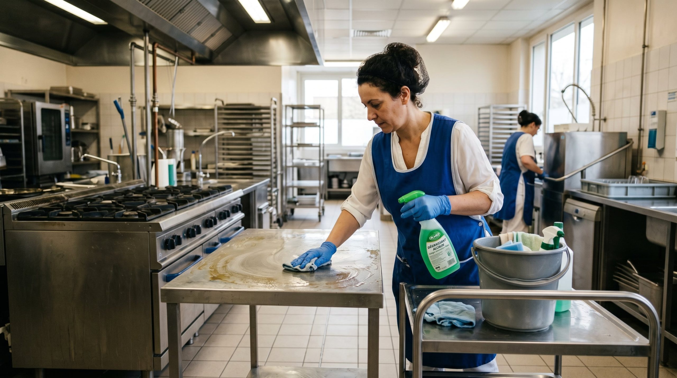 Différentes familles de dégraissants professionnels présentés dans un contexte industriel réaliste