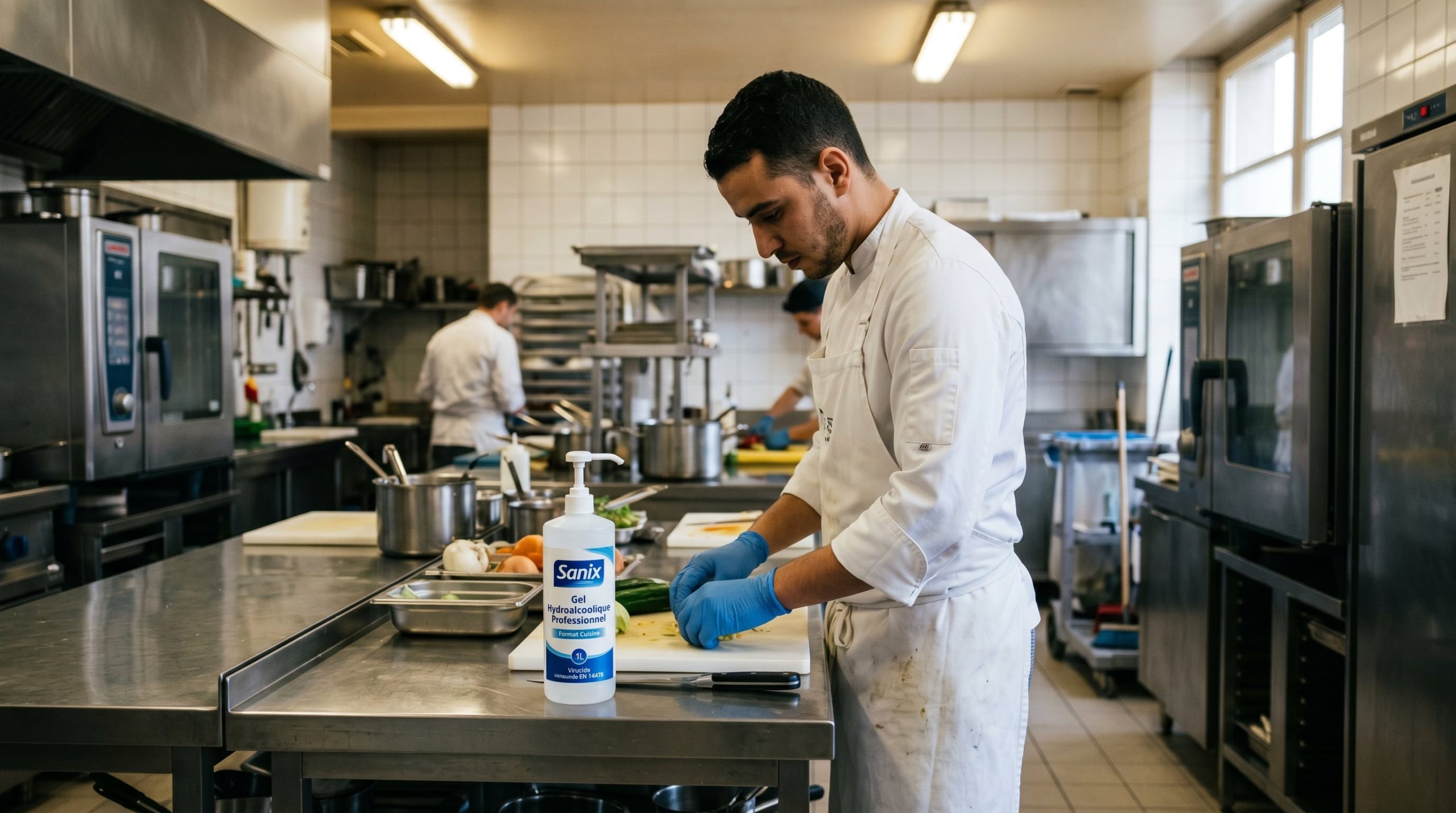 Différents formats de gel hydroalcoolique professionnel disposés dans un environnement de travail réel