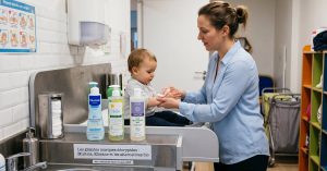 Eau nettoyante sans rinçage bébé utilisée lors d'un change en crèche par une auxiliaire de puériculture