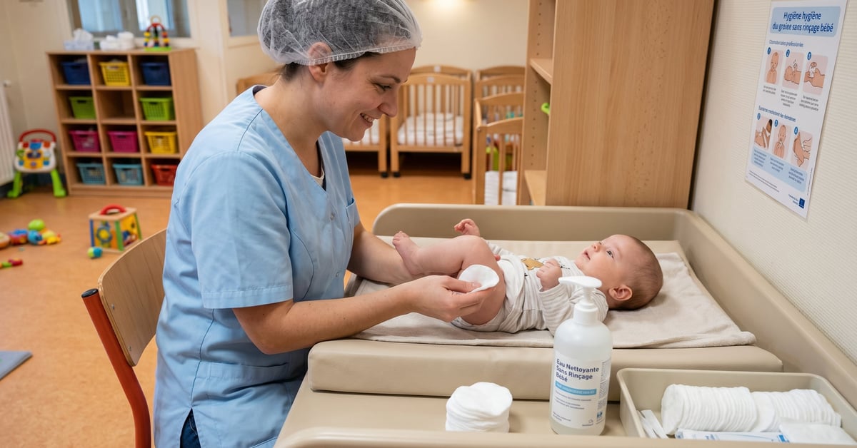 Soin hygiène bébé en crèche avec eau nettoyante sans rinçage lors d'un change en collectivité