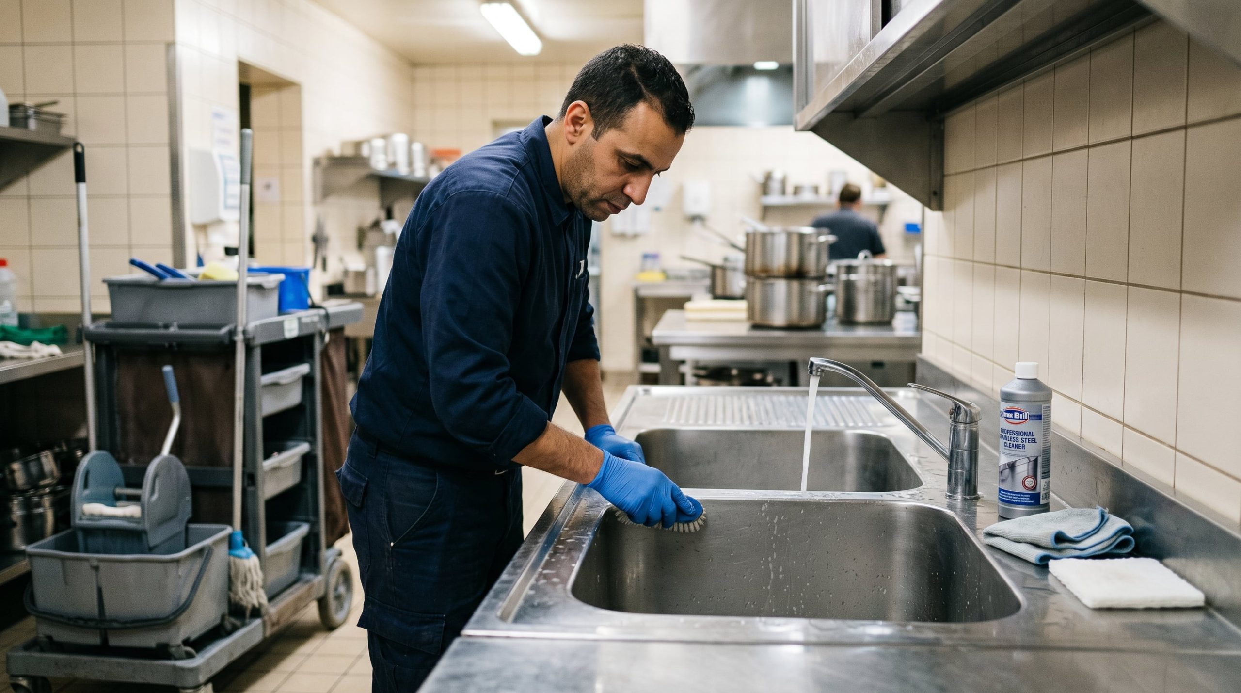 Évier en inox professionnel dans une cuisine collective, illustrant la spécificité du nettoyage inox