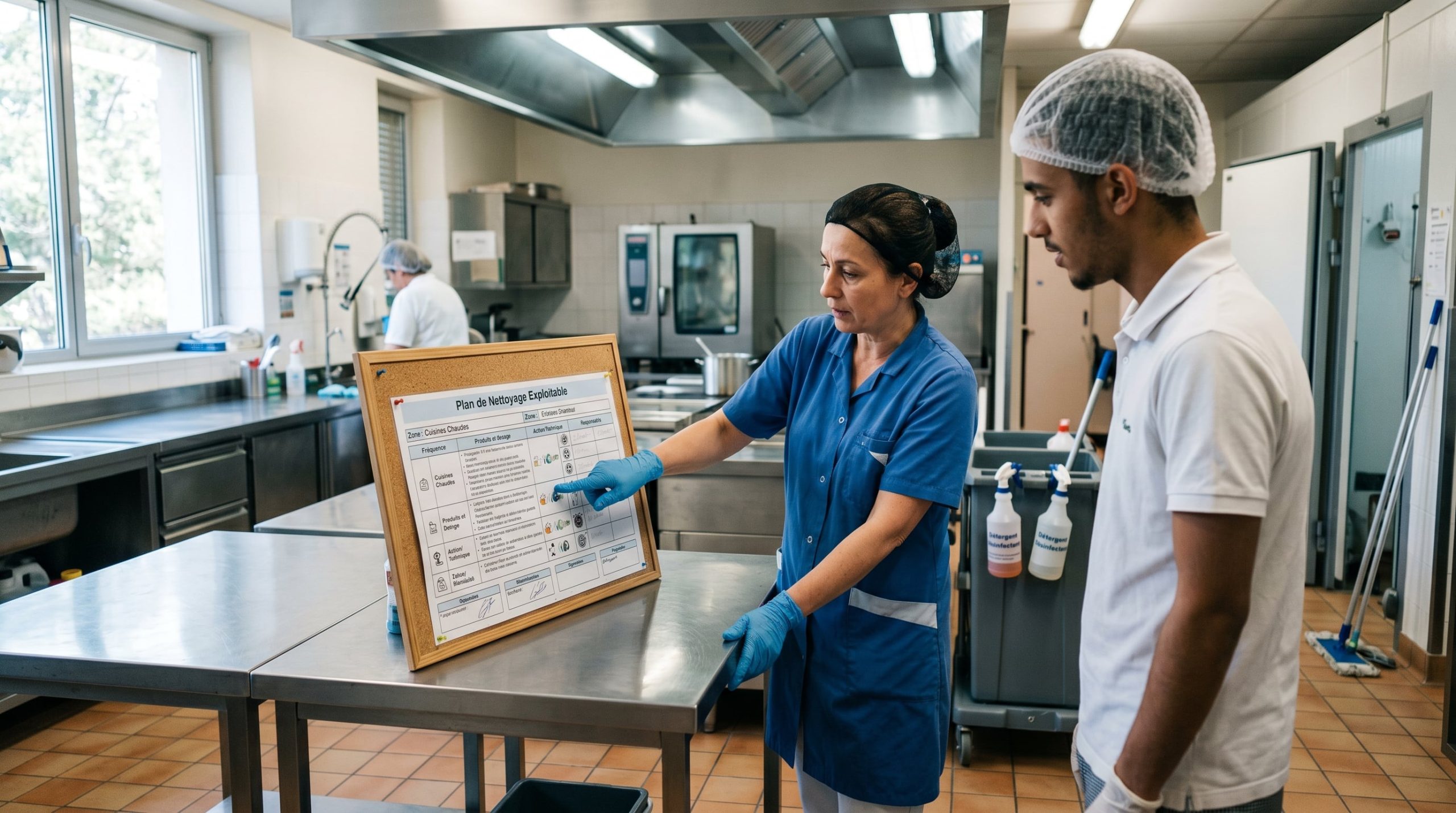 Formation plan de nettoyage : responsable montrant un document à son équipe en cuisine professionnelle