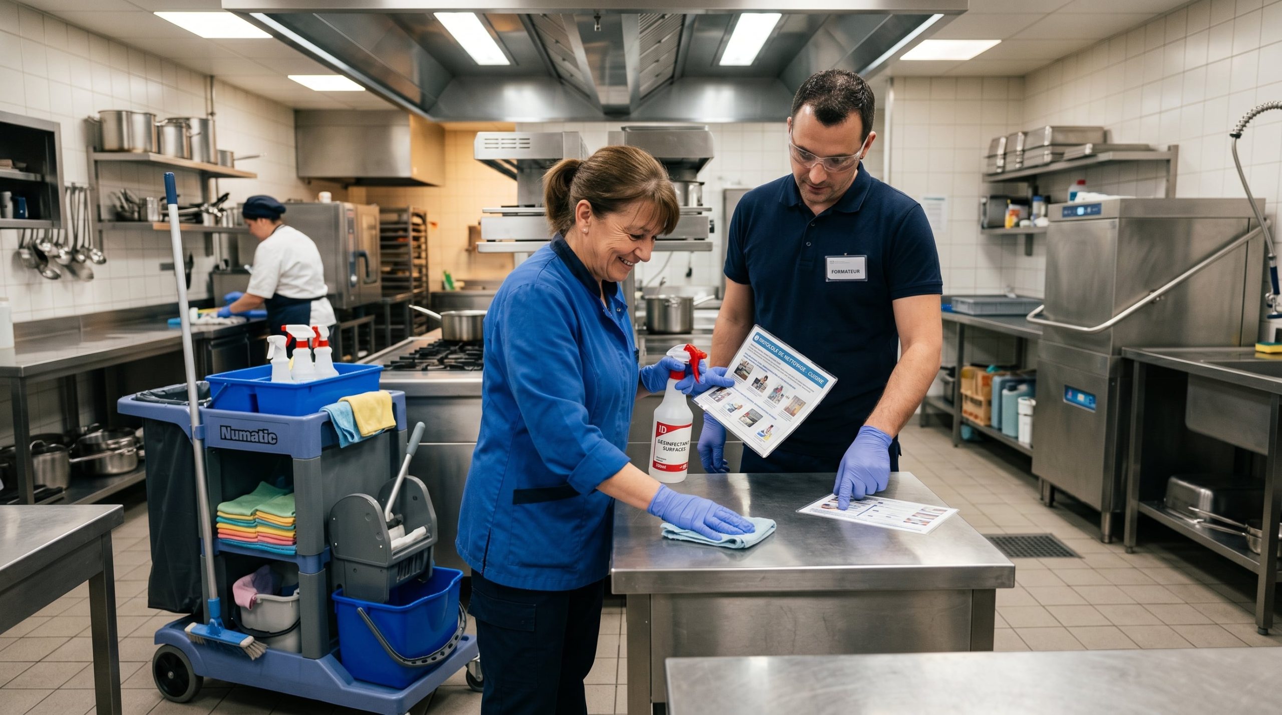 Formation professionnelle en entretien : agent qualifié en tenue de travail dans un espace collectif propre