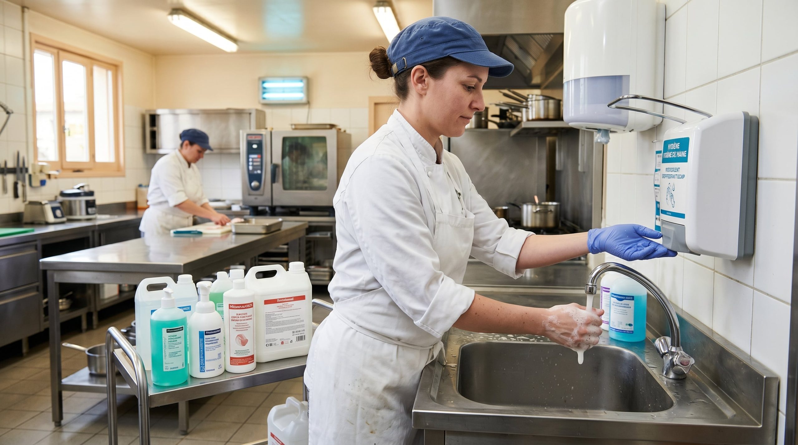 Gamme de savons désinfectants professionnels alignés sur un plan de travail en inox dans une cuisine pro