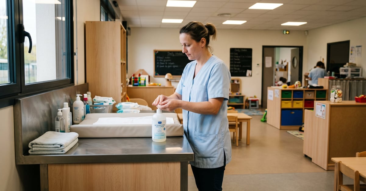 Gel lavant bébé sans sulfate utilisé en crèche, flacon posé sur un plan de travail en milieu professionnel