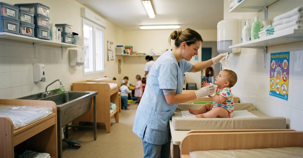 Auxiliaire de puériculture en blouse appliquant la routine d'hygiène bébé en crèche