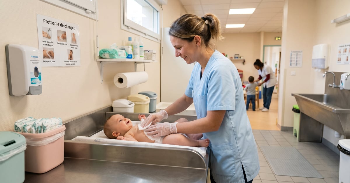 Puéricultrice en blouse effectuant un change hygiénique de bébé en crèche selon le protocole
