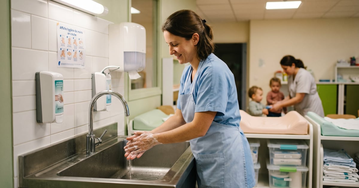 Auxiliaire de puériculture se lavant les mains en crèche, routine hygiène bébé crèche