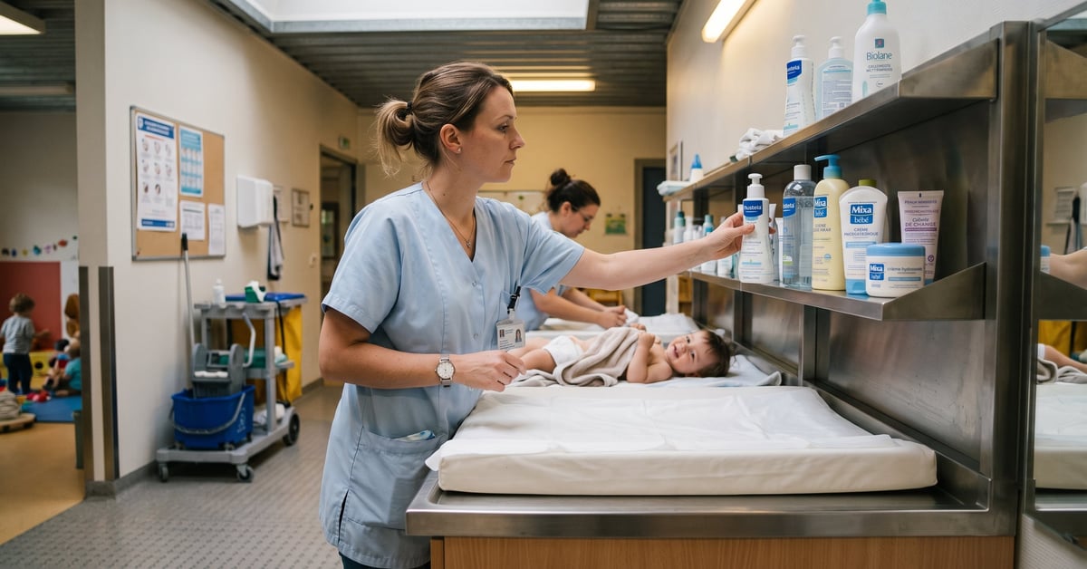 Produits de soin pour nourrisson disposés en crèche pour la routine hygiène bébé