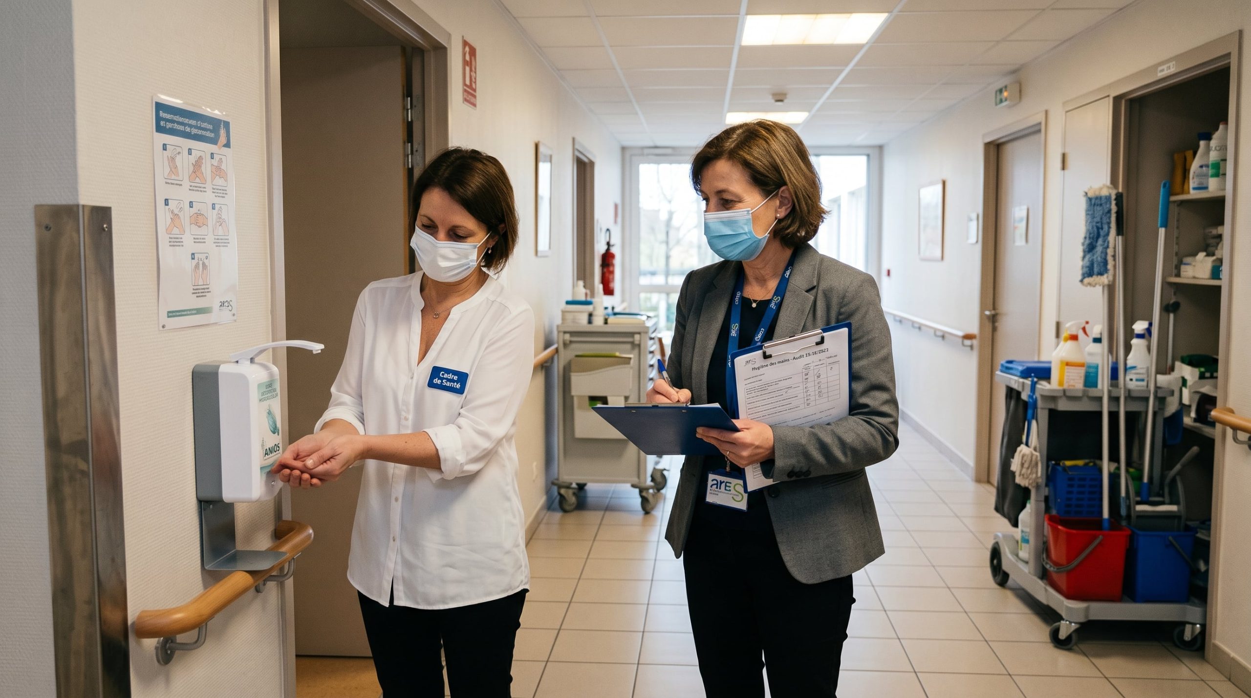 Inspecteur ARS vérifiant les protocoles de nettoyage dans un couloir d'EHPAD lors d'un contrôle sanitaire