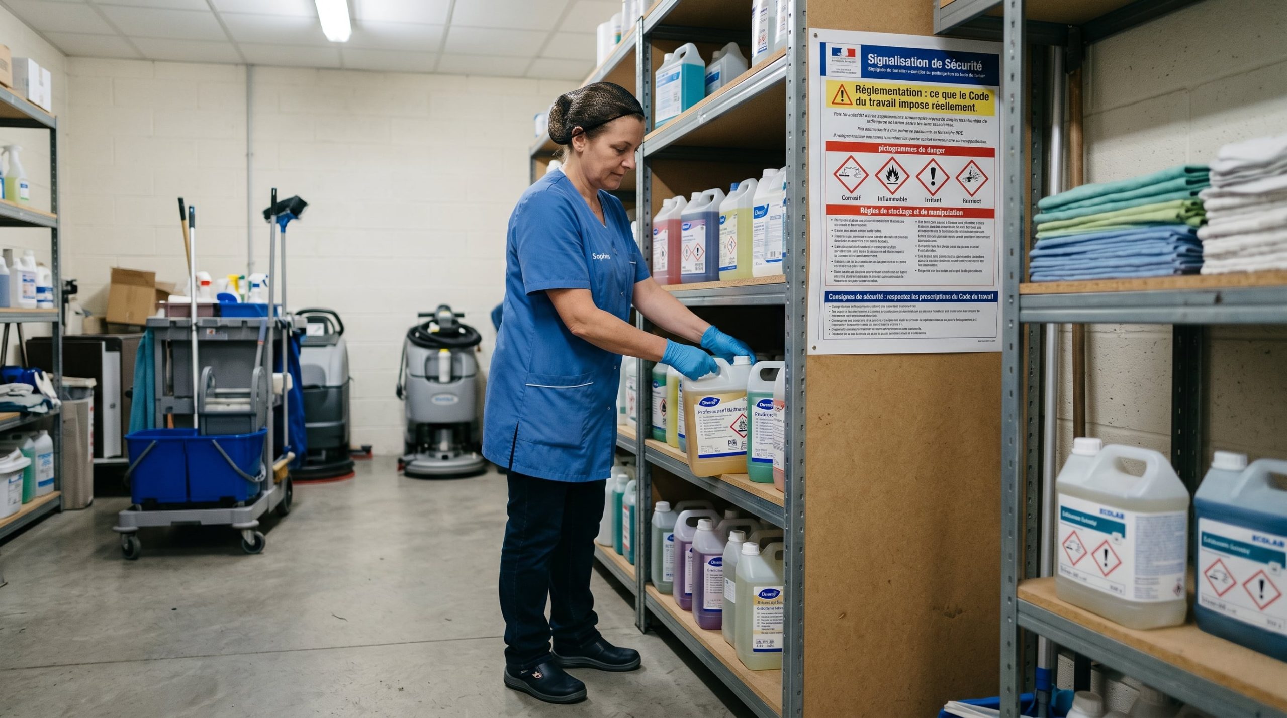 Local de stockage produits d'entretien conforme au Code du travail avec signalétique de sécurité