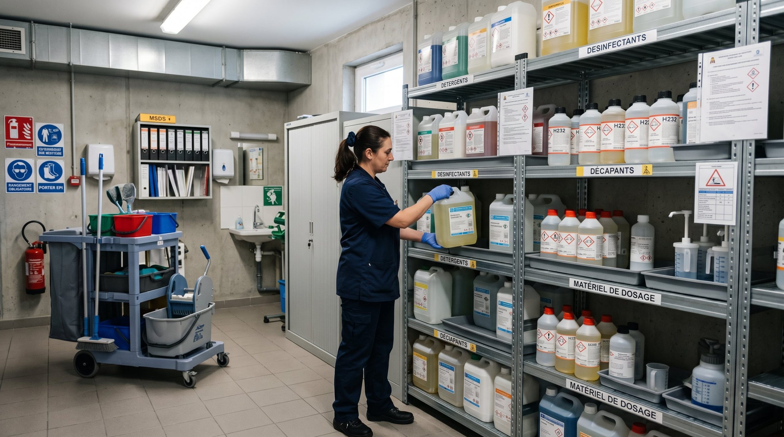 Local de stockage produits d'entretien sécurisé et bien aménagé en établissement professionnel