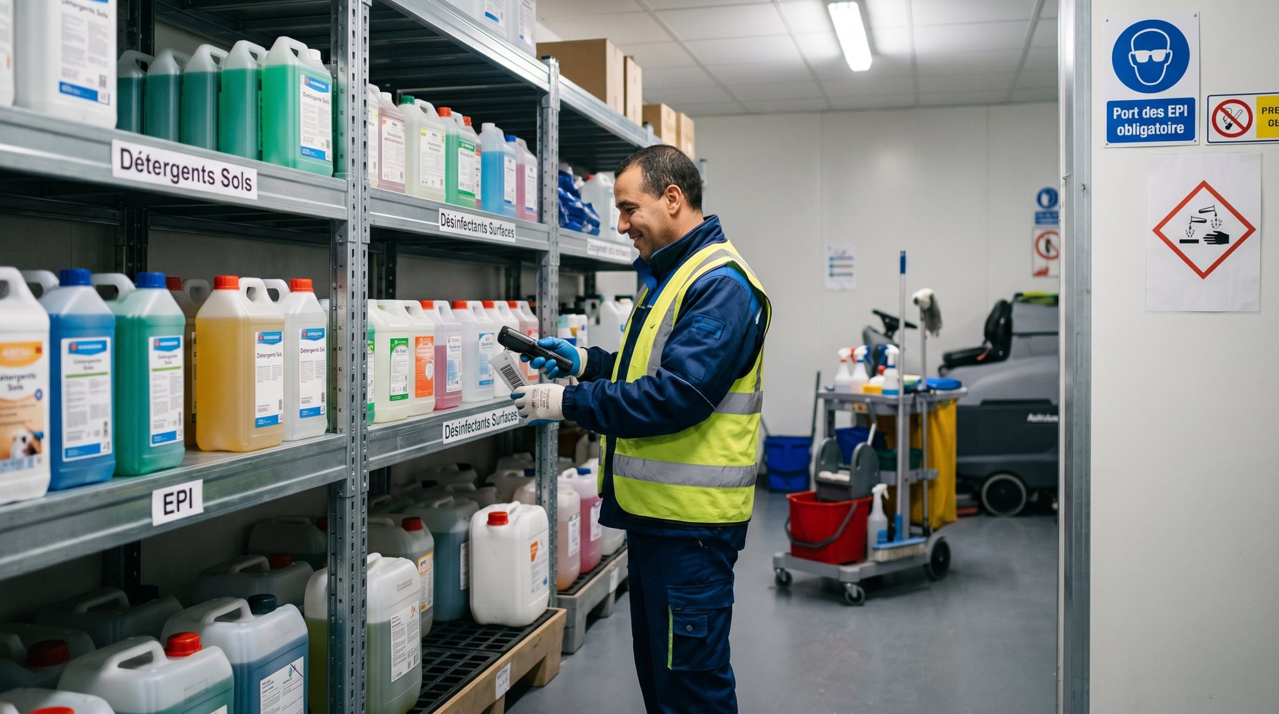 Organisation d'un local stockage produits entretien sécurité avec étagères ordonnées et EPI visibles