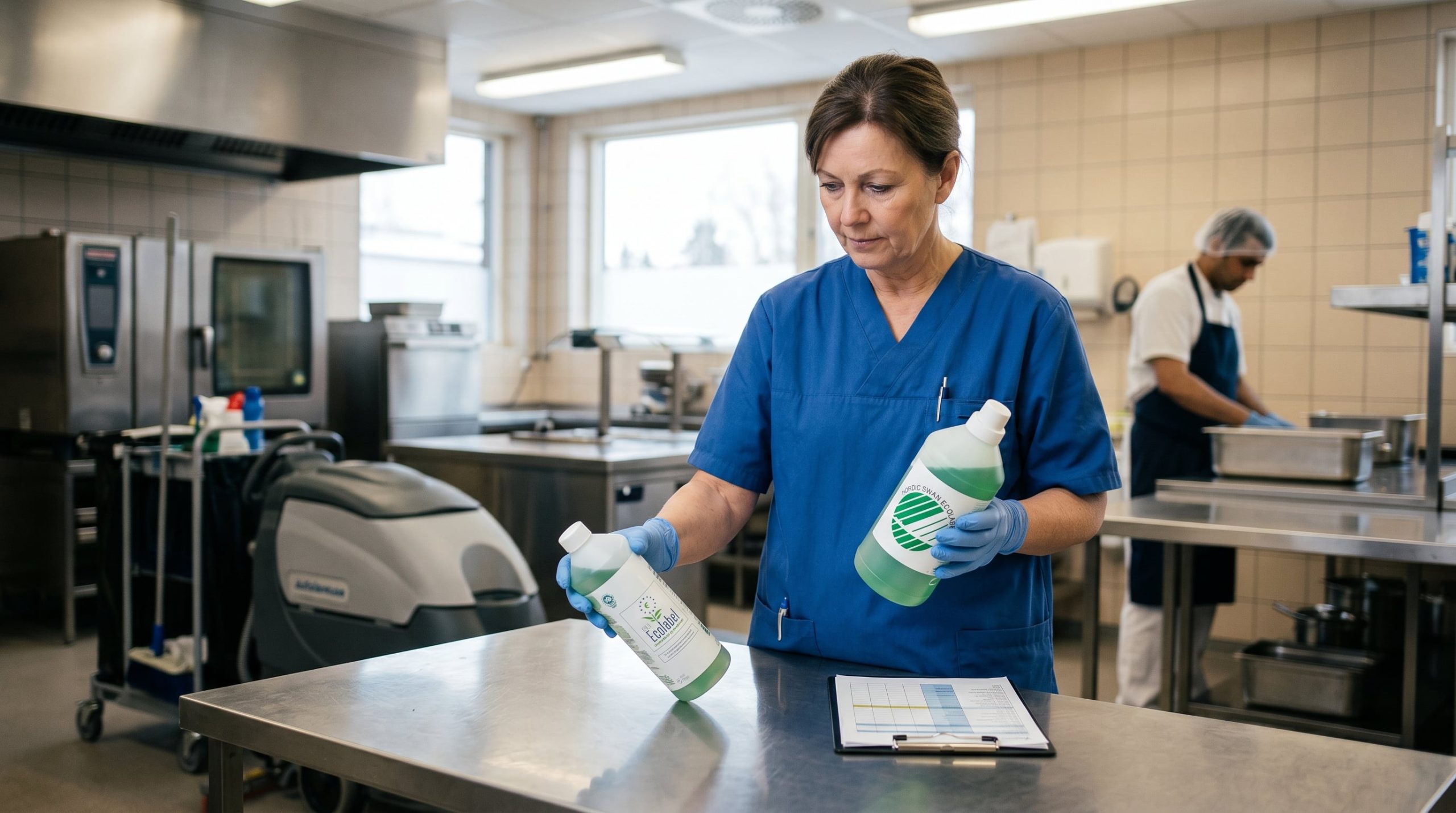 Produits d'entretien certifiés label Nordic Swan alignés sur chariot professionnel en collectivité