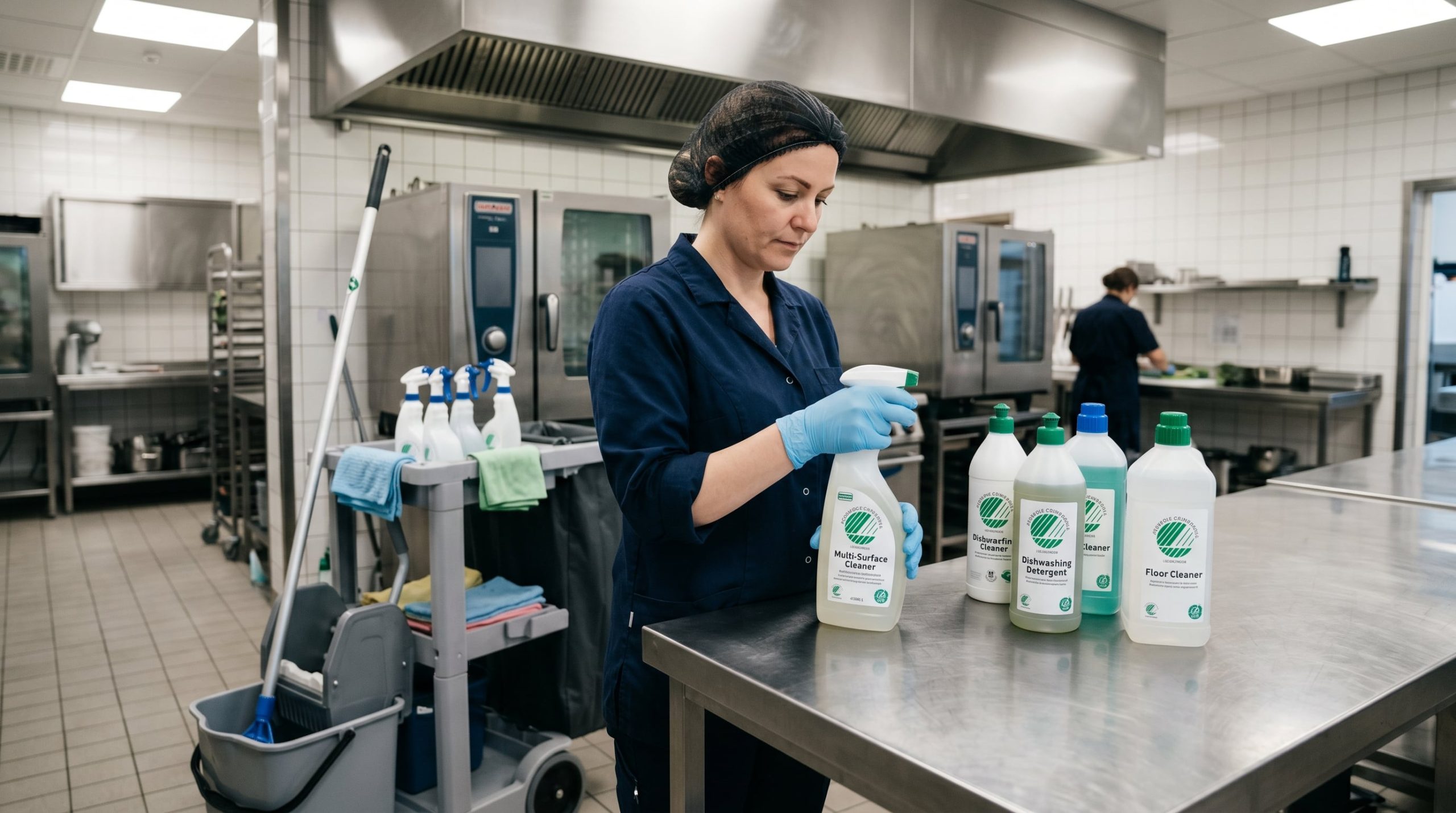 Produits d'entretien certifiés label Nordic Swan dans un local technique professionnel