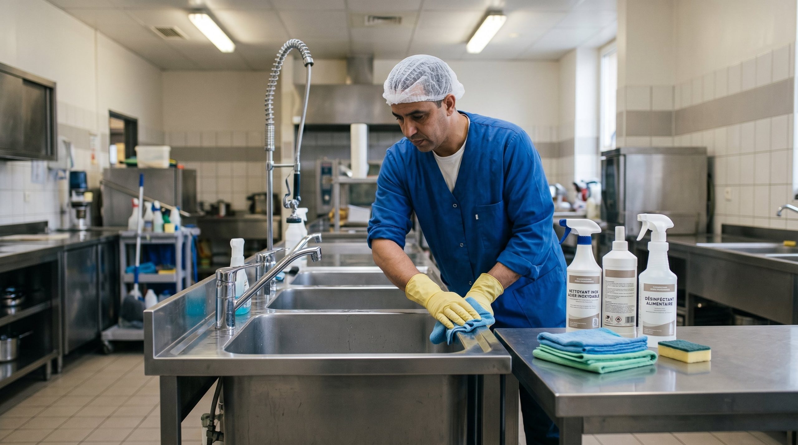 Produits professionnels pour nettoyer un évier en inox : détergents, microfibres et gants sur plan de travail