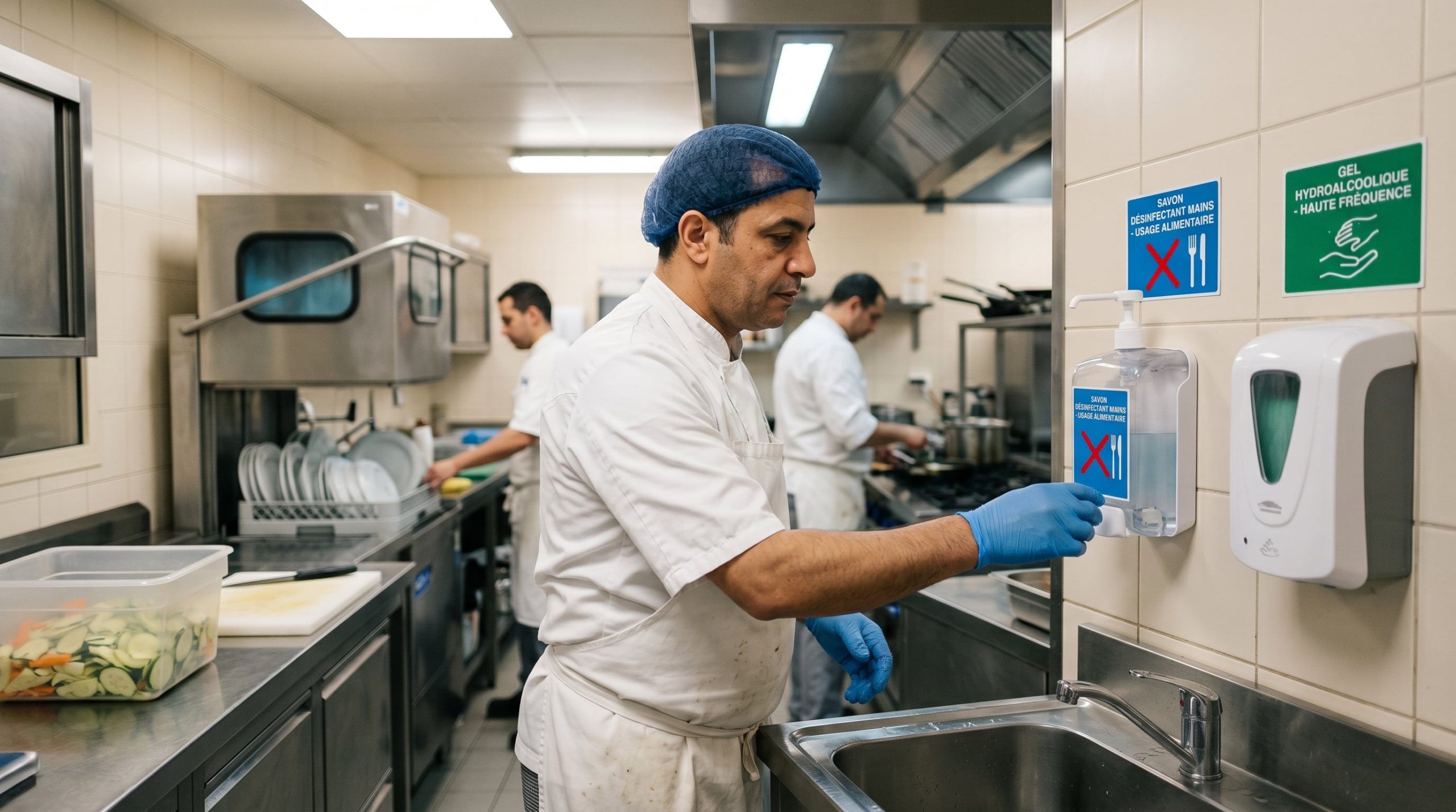 Professionnel choisissant un savon désinfectant adapté à son contexte d'intervention en cuisine pro