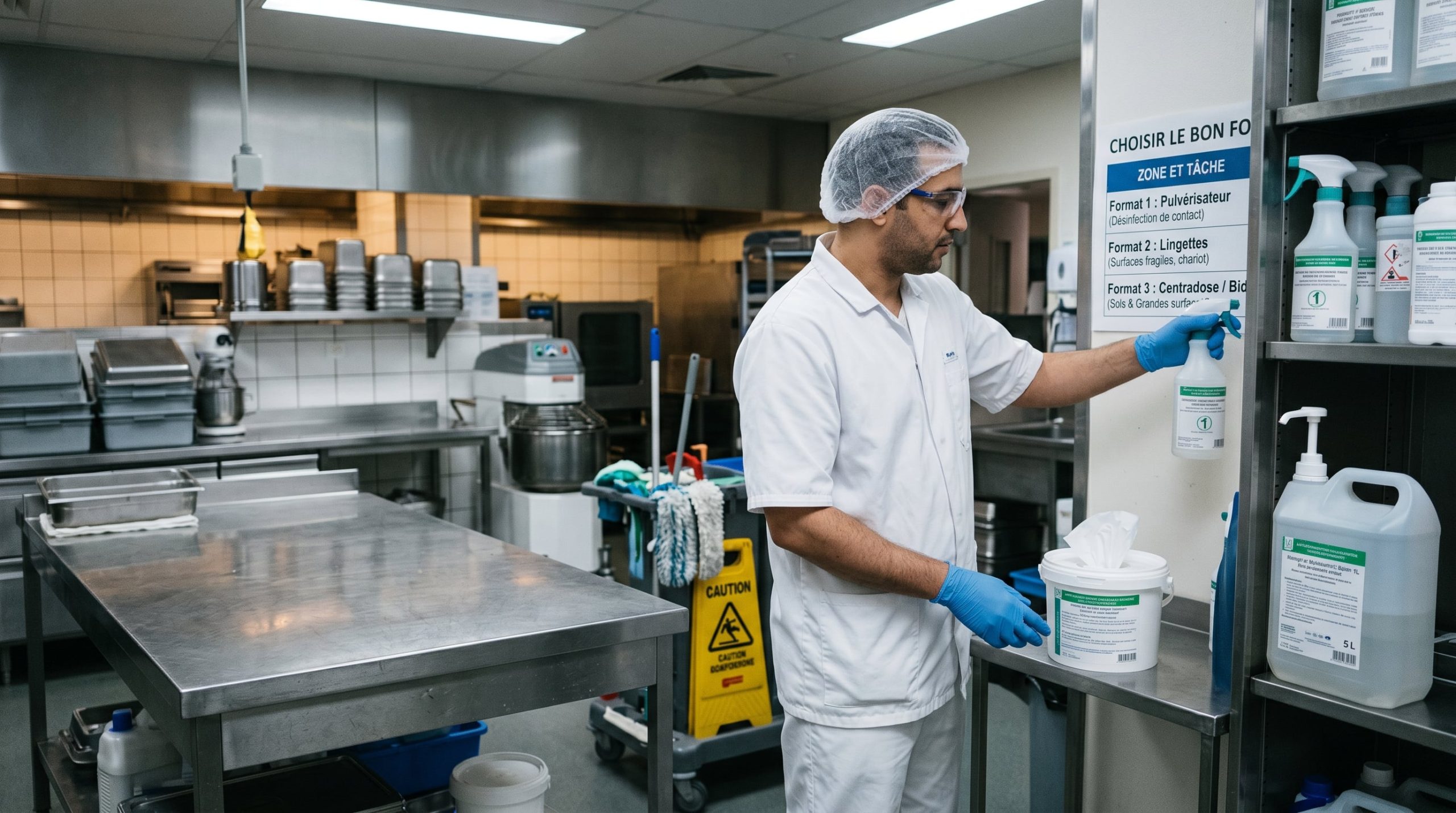 Professionnel de santé choisissant le bon format de produit détergent désinfectant hospitalier selon la zone