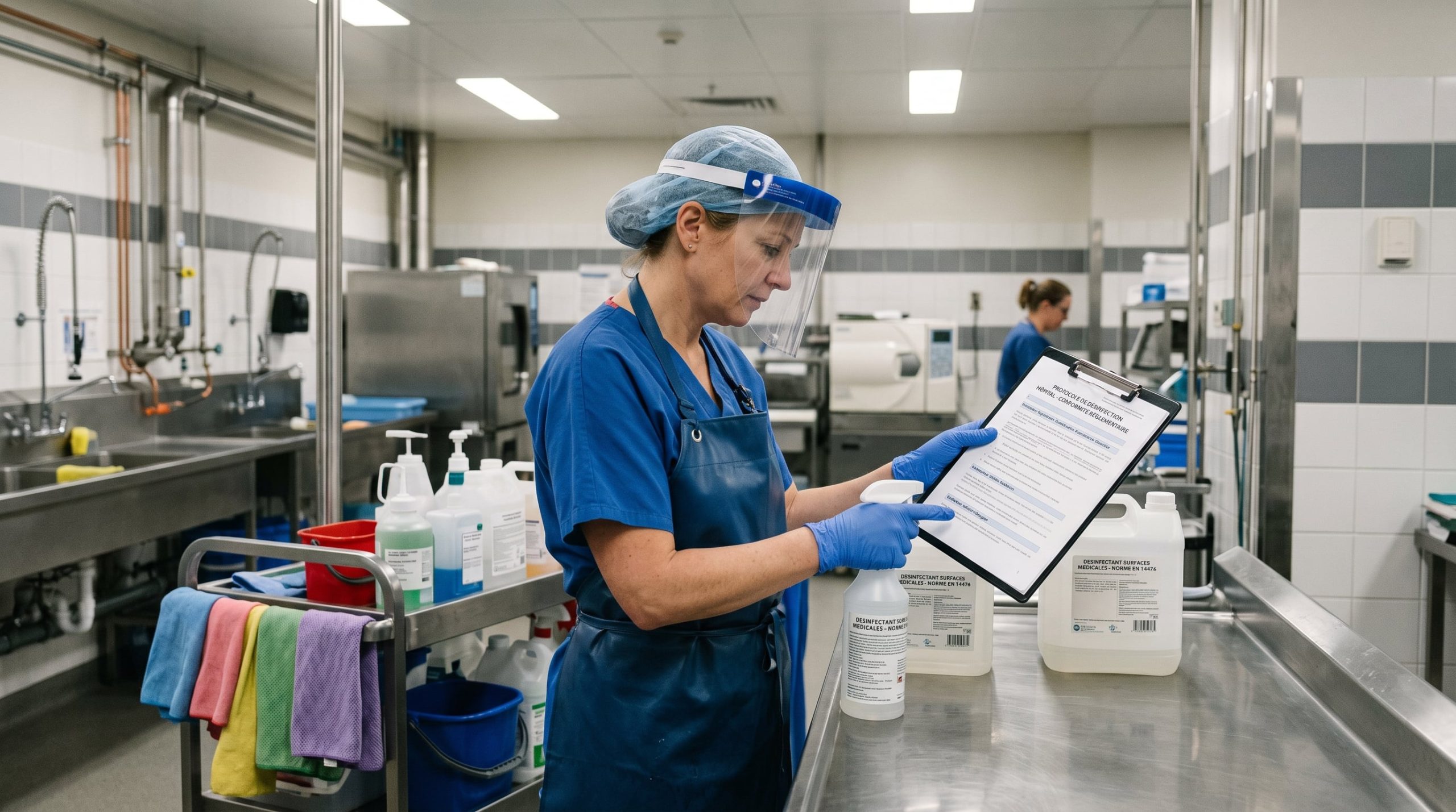 Professionnel de santé vérifiant un produit détergent désinfectant hospitalier en milieu médical