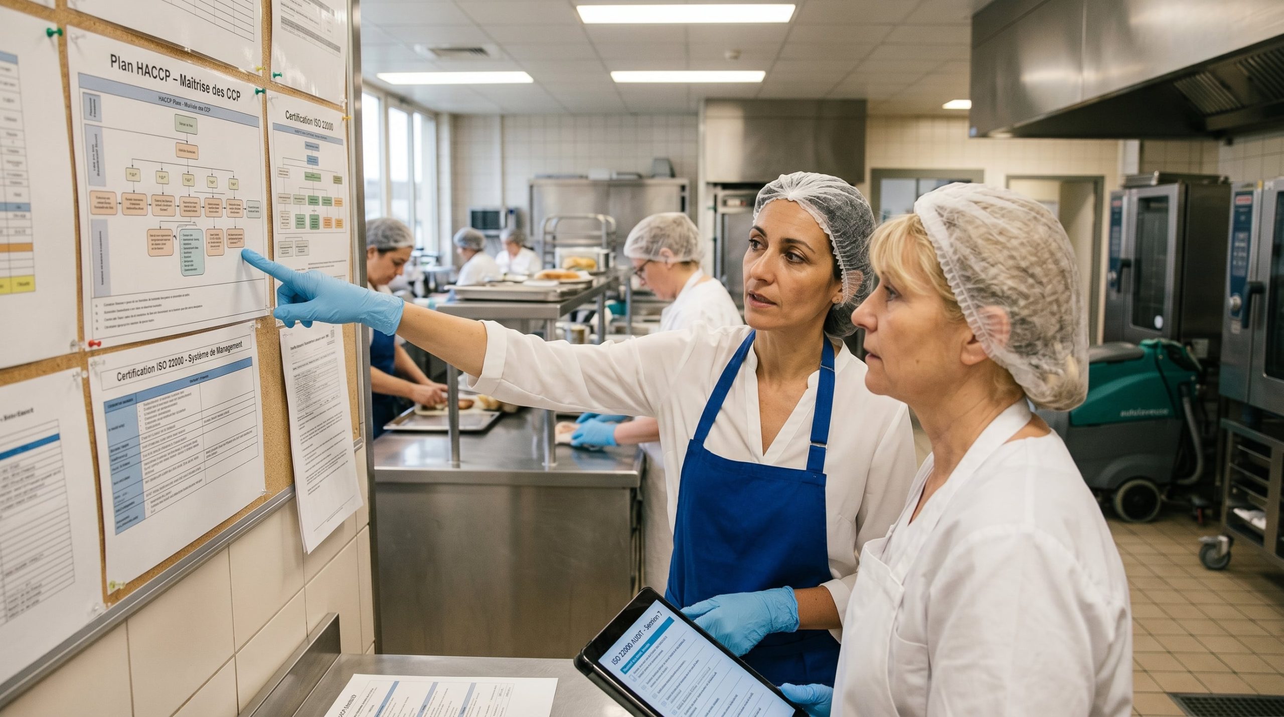 Professionnel en cuisine industrielle appliquant les normes ISO 22000 et HACCP pour l'hygiène alimentaire