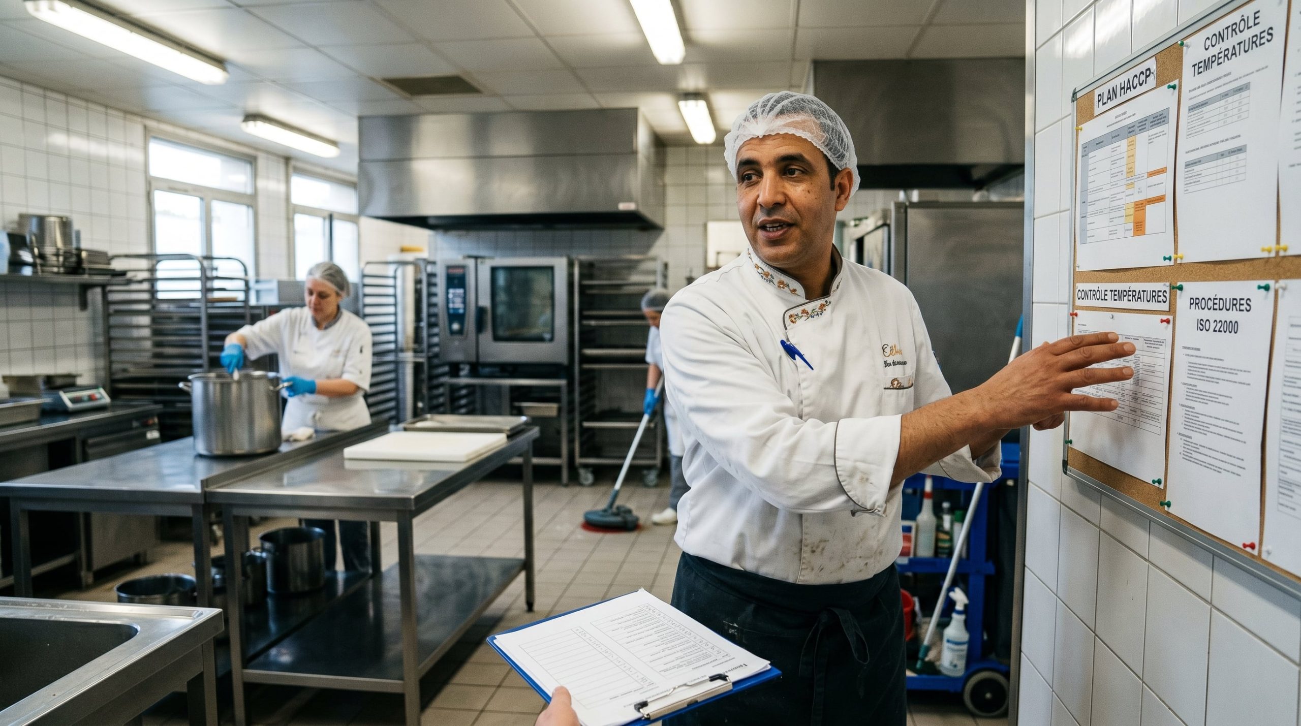 Professionnel en cuisine industrielle respectant les normes ISO 22000 d'hygiène alimentaire