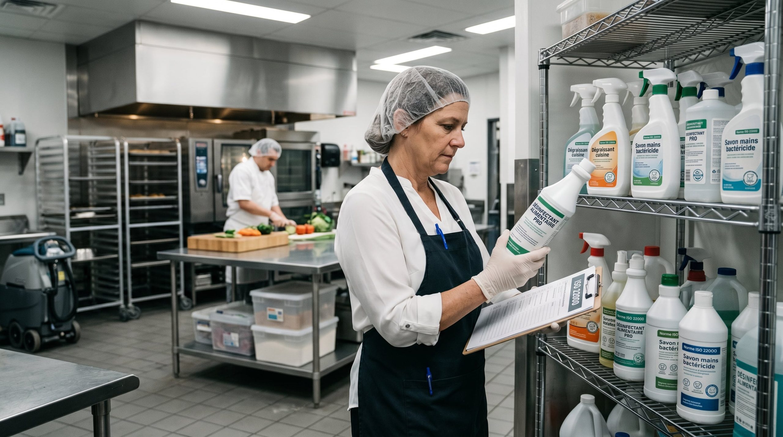 Professionnel sélectionnant des produits d'hygiène conformes à la norme ISO 22000 en cuisine professionnelle
