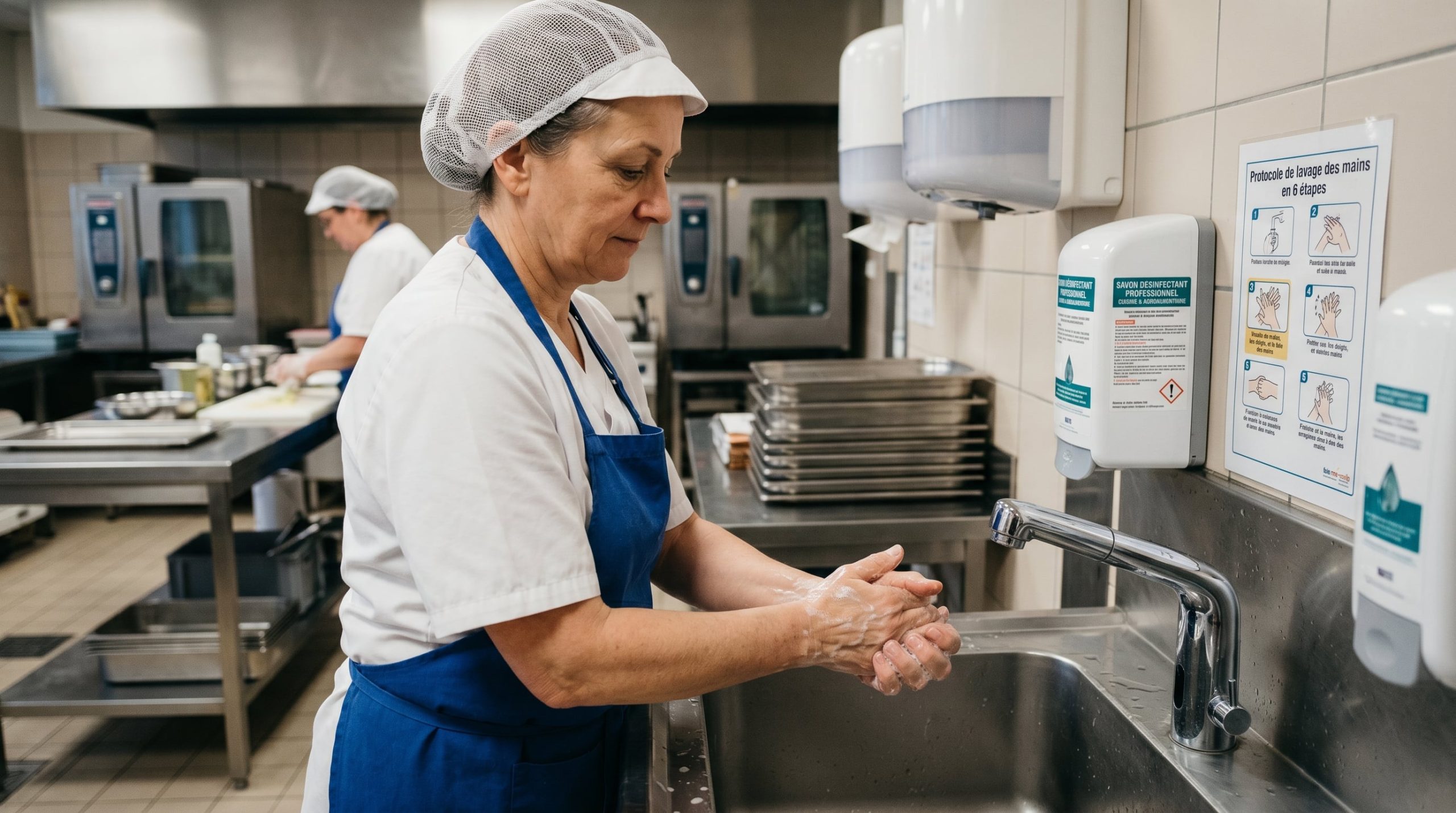 Protocole de lavage des mains avec savon désinfectant professionnel en cuisine professionnelle
