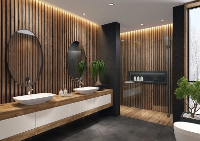 salle de bain rénovée avec du bois