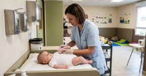Soin peau atopique nourrisson : application d'une crème nourrissante par un professionnel de santé en EHPAD