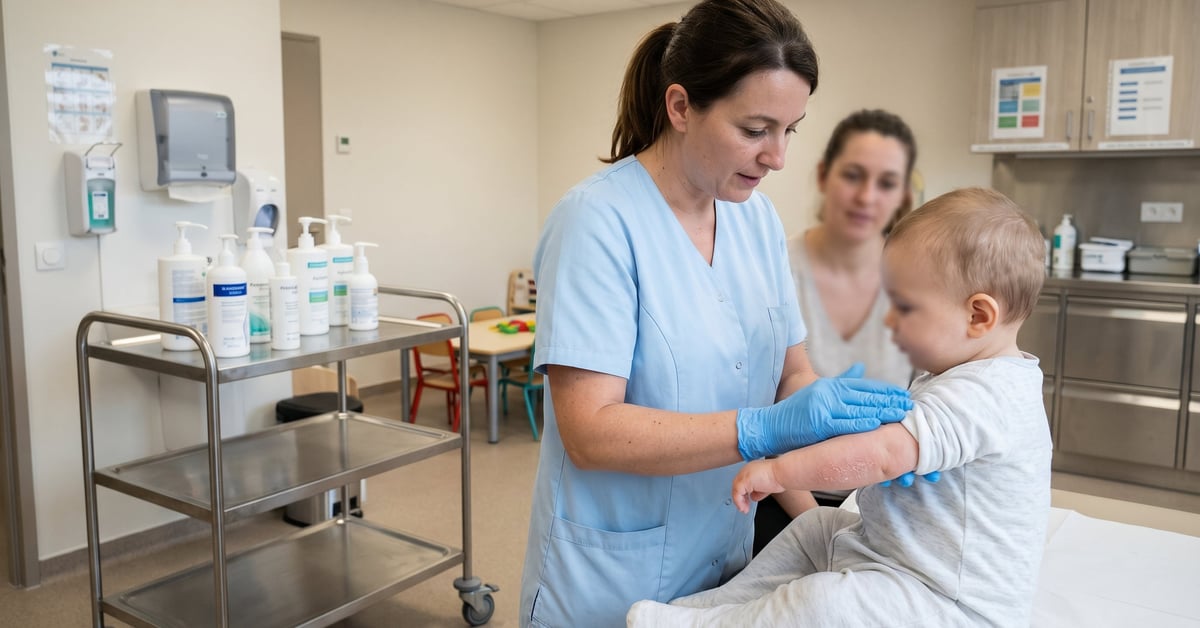 Soin peau atopique nourrisson : professionnel de santé appliquant une crème hydratante sur bébé en EHPAD