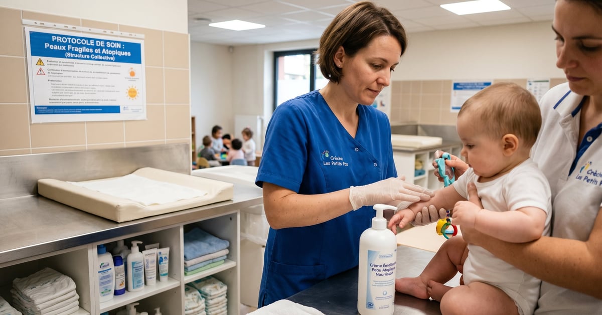 Soignante en crèche appliquant un soin nourrissant sur la peau atopique d'un nourrisson