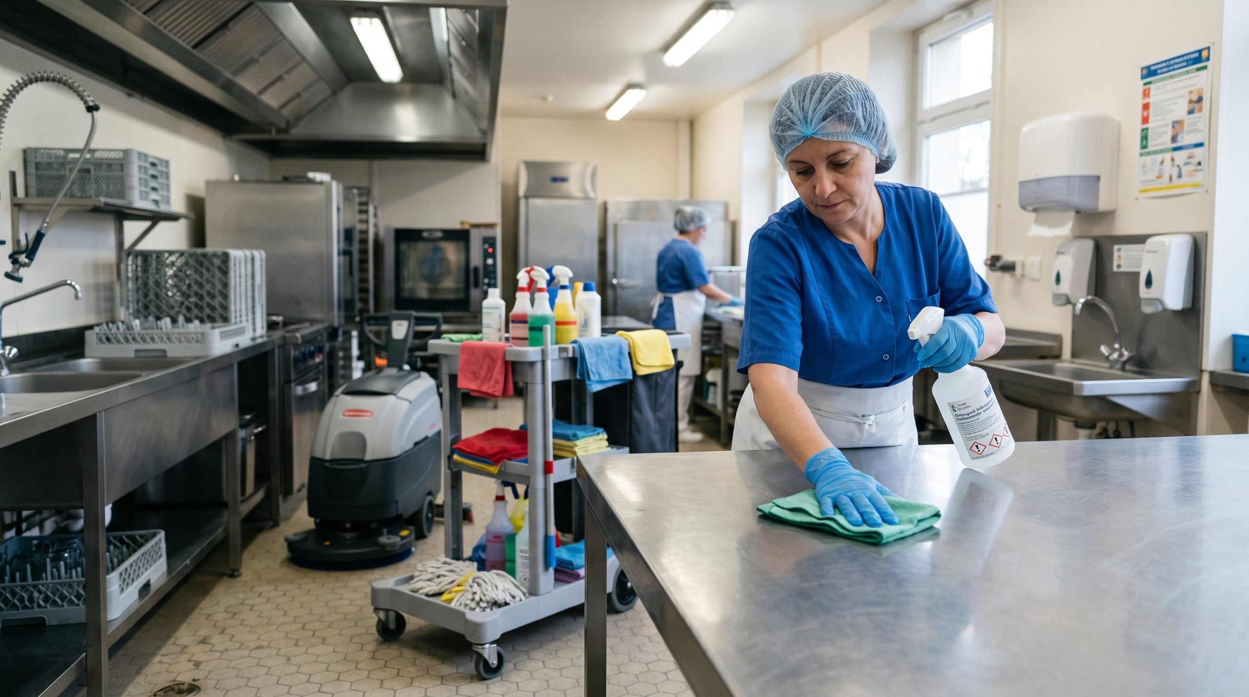 Sources de microplastiques dans un environnement de nettoyage professionnel avec produits d'entretien