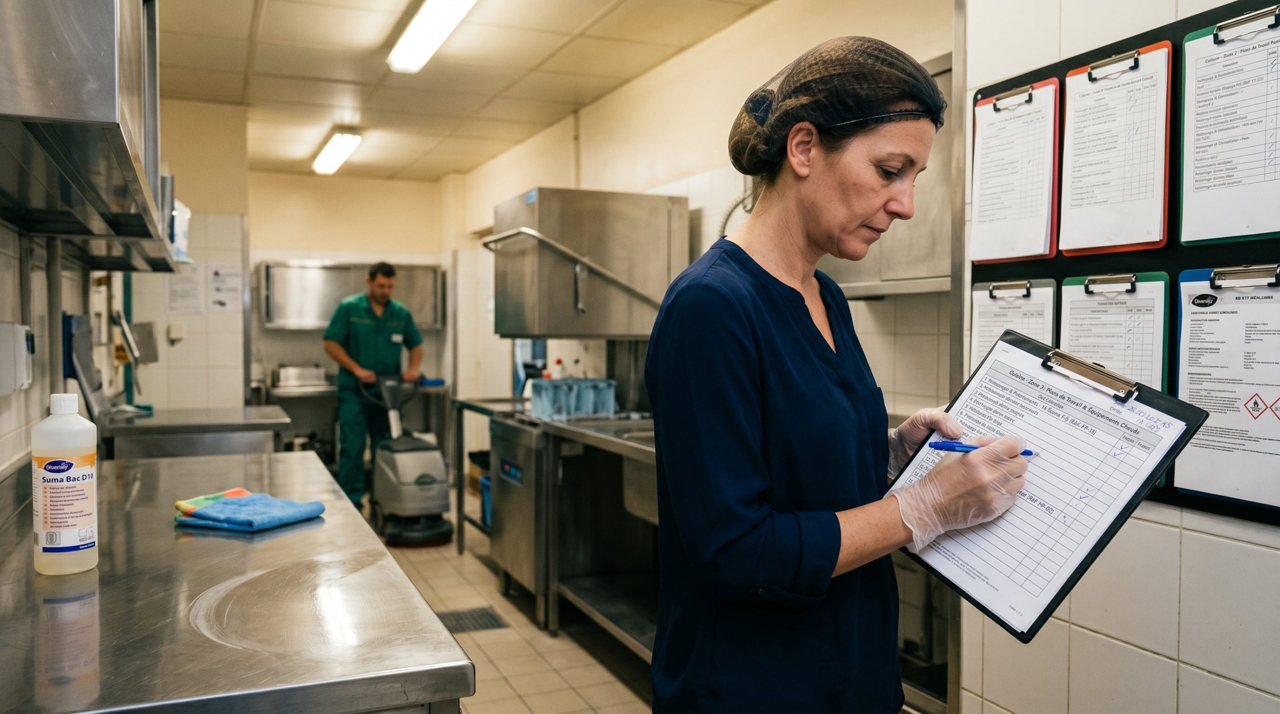 Technicien de surface consultant un document de traçabilité nettoyage dans une cuisine professionnelle