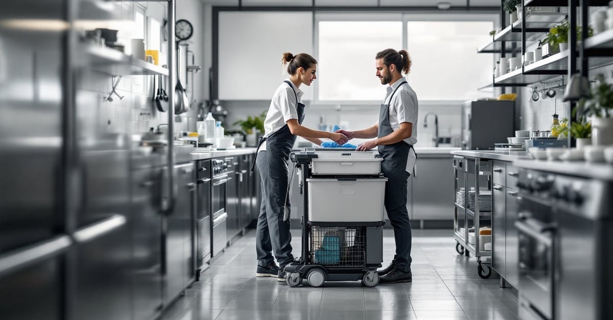 Agent utilisant un chariot de ménage ergonomique dans un couloir de collectivité