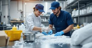Emballages de produits d'entretien triés dans un local technique pour une gestion optimale des déchets