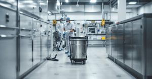 Agent en tenue de protection nettoyant une surface inox dans une cuisine professionnelle agroalimentaire